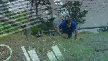 Engel parkurundaki bir grup kadın ve erkeğin veri işleme çalışmalarının animasyonu. spor ve yarışma konsepti dijital olarak oluşturulmuş video.