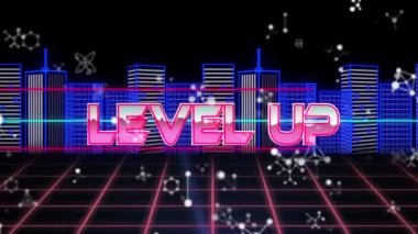 Metalik pembe harflerle şehir manzarası ve ızgara üzerinde üst düzey metin animasyonu. Video oyunu, iletişim ve eğlence konsepti dijital olarak oluşturuldu.