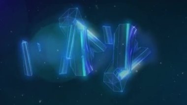 Siyah üzerine beyaz parçacıklar ve mavi ışık saçan parlak şekiller kümesinin animasyonu. küresel iletişim ağı ve dijital arayüz arkaplan kavramı dijital olarak oluşturulmuş video.