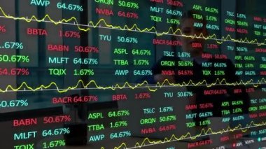 Ofisteki iş kadınıyla ilgili finansal veri işleme animasyonu. küresel iş, dijital arayüz ve teknoloji konsepti dijital olarak oluşturulmuş video.