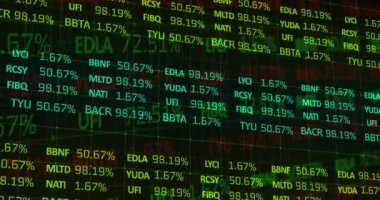 Şehir manzarası üzerindeki istatistik ve finansal veri işleme animasyonları. küresel finansman, iş ve veri işleme kavramı dijital olarak oluşturulmuş video.