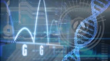 DNA iplikçiklerinin dönmesi ve veri işleme animasyonu. küresel bilim, veri işleme ve dijital arayüz kavramı dijital olarak oluşturulmuş video.