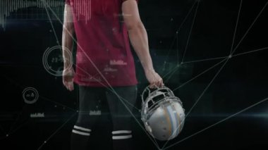 Siyah arka planda Amerikan futbolcusu üzerinden bağlantı ağının animasyonu. global spor, rekabet ve bağlantılar dijital olarak oluşturulmuş video konsepti.