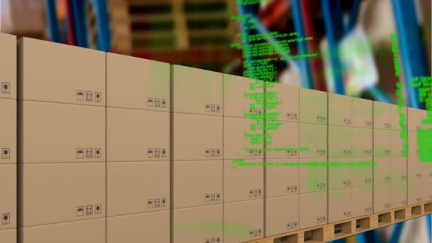 倉庫内のコンベアベルト上の段ボール箱上のデータ処理のアニメーション 世界規模のデータ処理 出荷と配信の概念デジタルで生成されたビデオ — ストック動画