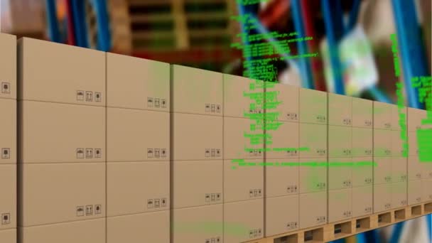 Animación Del Procesamiento Datos Sobre Cajas Cartón Cinta Transportadora Almacén — Vídeo de stock