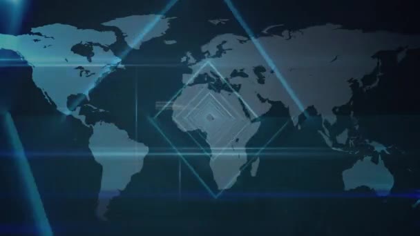 用连接和灯光网络在世界地图上动画Qr代码和购物车图标 全球通信 数字接口和零售网络概念 数字生成视频 — 图库视频影像