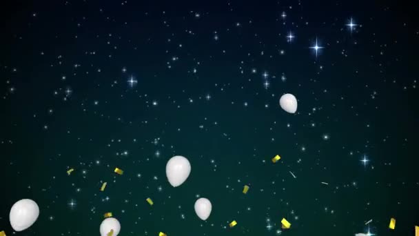五彩纸屑飘落和白色气球在黑色背景上飘扬的动画 派对及庆祝活动概念数码影片 — 图库视频影像