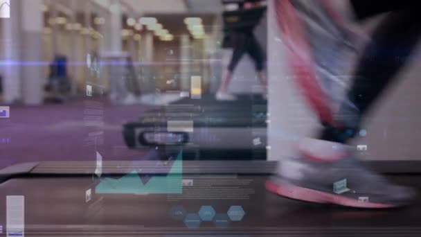 트레드밀 달리는 여성을 데이터 애니메이션 글로벌 스포츠 데이터 디지털 비디오 — 비디오