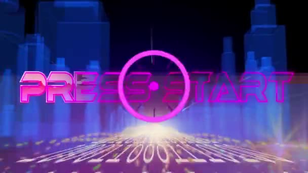 Animatie Van Pers Start Tekst Metallic Roze Letters Stadsgezicht Binaire — Stockvideo