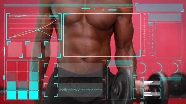 Animace Digitálního Rozhraní Přes Silné Mužské Cvičení Globální Sport Fitness — Stock video
