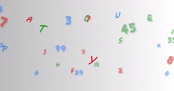 Digitale Animatie Van Meerdere Kleurrijke Nummers Alfabetten Zwevend Tegen Grijze — Stockvideo