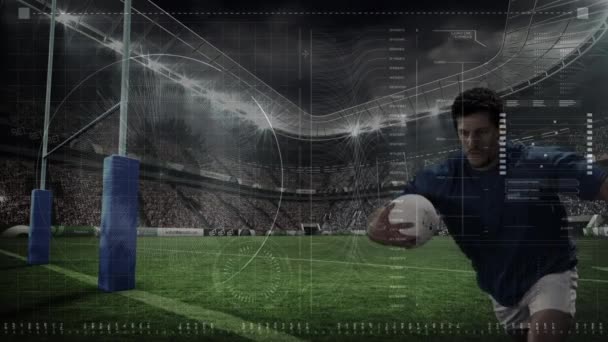 Spor Stadyumundaki Ragbi Maçında Ragbi Oyuncusu Üzerinden Veri Işleme Animasyonu — Stok video