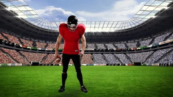 Анімація Американського Футболіста Через Спортивний Стадіон Глобальний Спорт Концепція Конкуренції — стокове відео