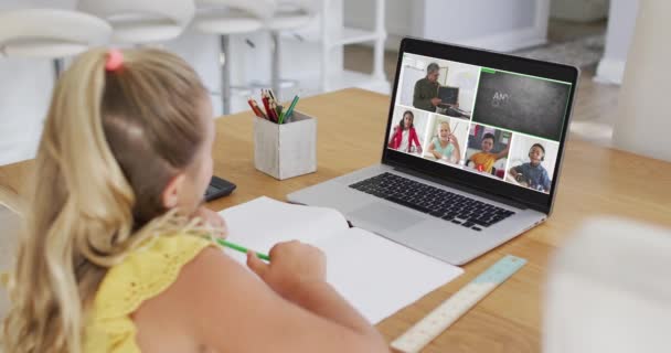 Composite Girl Using Laptop Online Lesson Home Diverse Teacher Class — Stock Video