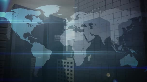 Animering Världskarta Med Nätverk Anslutningar Över Stadsbyggnader Global Kommunikation Digitalt — Stockvideo