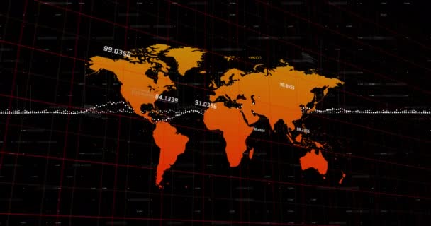 Animação Processamento Dados Números Mudando Sobre Grade Mapa Mundo Conceito — Vídeo de Stock
