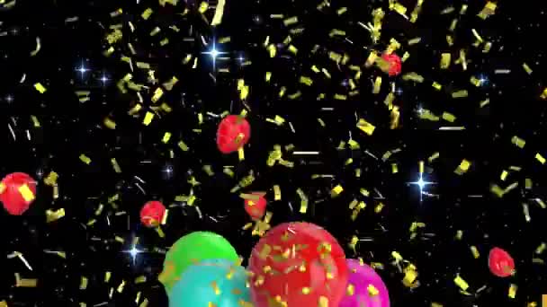 Siyah Arka Planda Çok Renkli Balonların Üzerine Düşen Konfeti Animasyonu — Stok video
