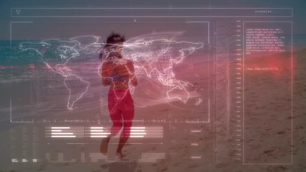 ビーチで実行されているフィット女性以上のデータ処理のアニメーション スポーツと競争の概念をデジタルで生成し — ストック動画