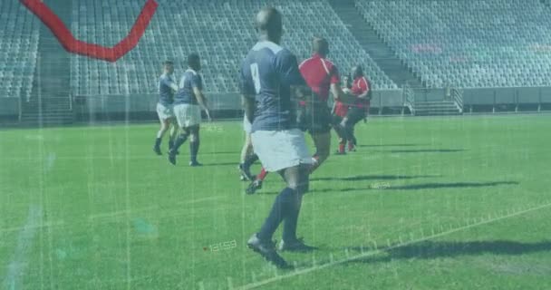 Animación Línea Roja Procesamiento Datos Sobre Jugadores Rugby Durante Partido — Vídeos de Stock