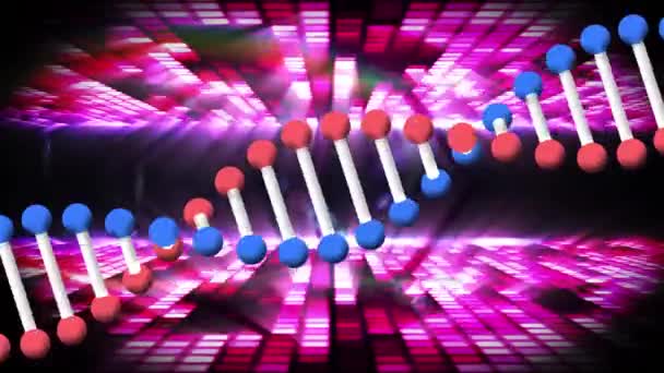 Animering Dna Strand Spinning Spotlights Och Rosa Flimrande Festbelysning Party — Stockvideo