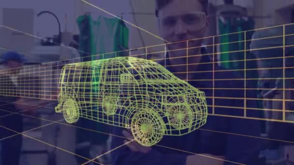 3D型汽车在戴着护目镜的男子上的动画 全球汽车工业 连接和技术概念 — 图库视频影像