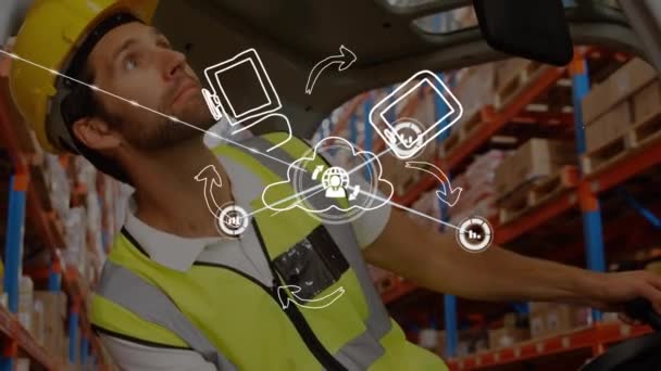 창고에서 일하는 사람때문에 디지털 아이콘 연결의 네트워크 애니메이션 글로벌 데이터 — 비디오