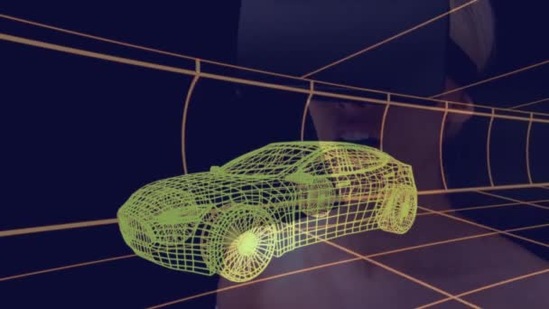 3D型汽车在头戴Vr耳机的妇女上的动画 全球汽车工业 连接和技术概念 — 图库视频影像