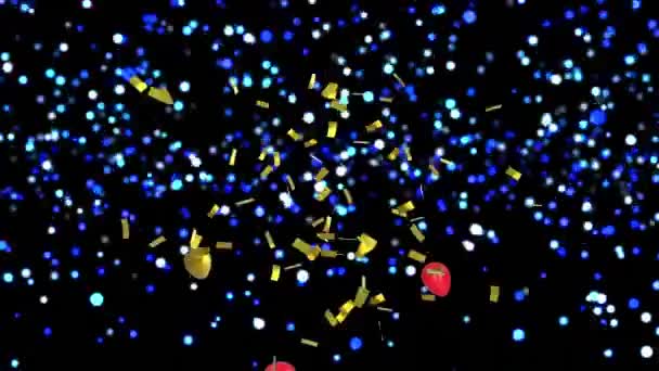 Анімація Сяючих Вогнів Конфетті Падаючих Повітряних Кульок Літають Чорному Тлі — стокове відео