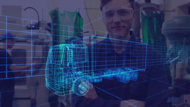 ゴーグルを身に着けている男の上に描画する3D車のアニメーション 世界の自動車産業 エンジニアリング テクノロジーの概念がデジタルで生成されたビデオ — ストック動画