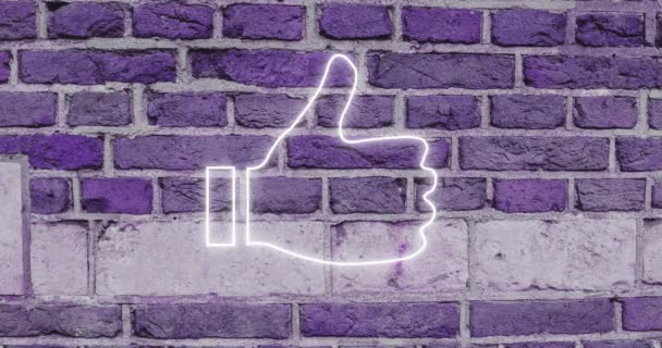 Animatie Van Neon Duim Omhoog Pictogram Flikkeren Met Kopieerruimte Bakstenen — Stockvideo