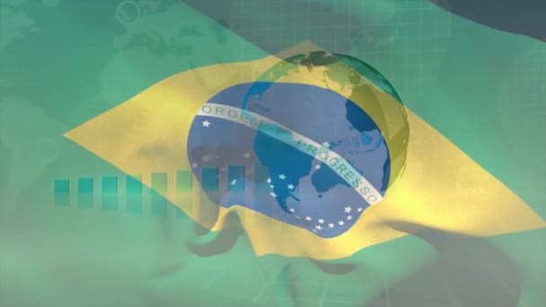 Animación Bandera Móvil Brasil Sobre Procesamiento Datos Globo Interfaz Digital — Vídeos de Stock