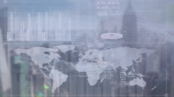 Animatie Van Statistieken Met Wereldkaart Gegevensverwerking Stadsgezicht Mondiaal Bedrijfs Gegevensverwerkings — Stockvideo