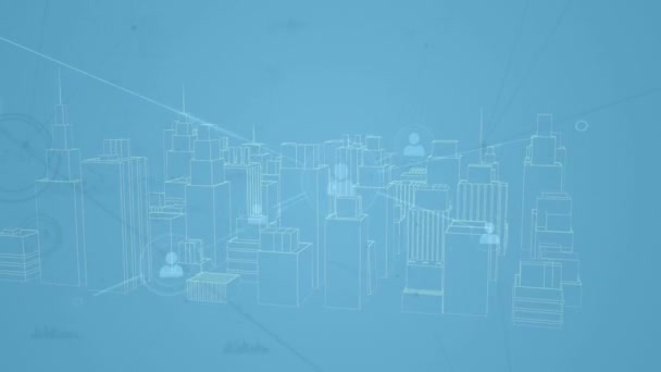 接続のネットワークで回転する3D都市図面のアニメーション 世界的なビジネス データ処理の概念デジタルで生成されたビデオ — ストック動画