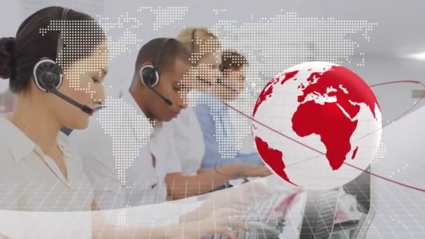 Animation Globe World Map Business People Wearing Headsets Global Communication — Stock Video