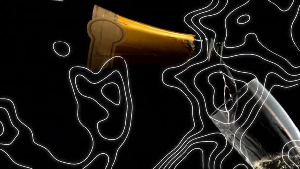 Анимация Контурных Линий Движущихся Над Бутылкой Шампанского Наливающейся Стекло Черном — стоковое видео