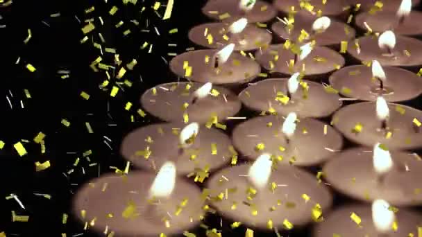 Animation Gold Confetti Falling Lit Tea Light Candles Black Background — Stock Video