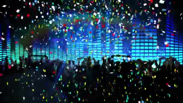 Animación Digital Confeti Cayendo Sobre Silueta Personas Bailando Contra Ecualizador — Vídeo de stock