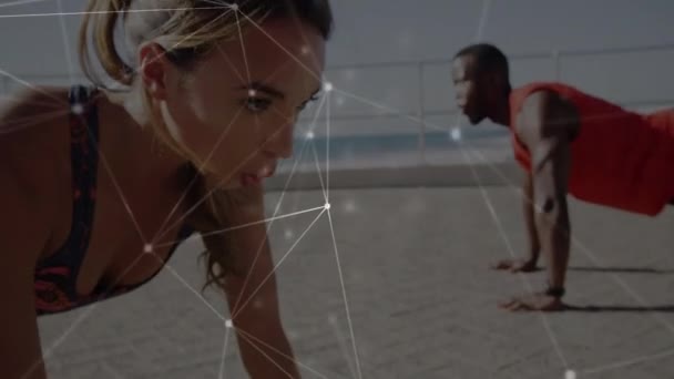 Animation Réseau Connexions Sur Femme Homme Exerçant Extérieur Sport Mondial — Video