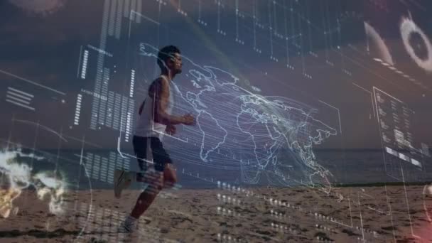 Animatie Van Gegevensverwerking Fitte Man Het Strand Sport Concurrentie Concept — Stockvideo