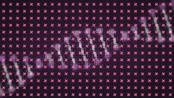 ピンクのクロスのグリッド上の回転するデジタルDna鎖のアニメーションは 黒の背景をオンにします 世界的な通信ネットワークとデジタルインターフェースの背景概念デジタルで生成されたビデオ — ストック動画