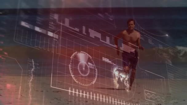 ビーチで走っているフィットマン上のデータ処理のアニメーション スポーツと競争の概念をデジタルで生成し — ストック動画