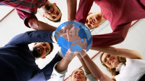 Animation Globe Rotating Happy Diverse Colleagues Stacking Hands Casual Office — Stock Video