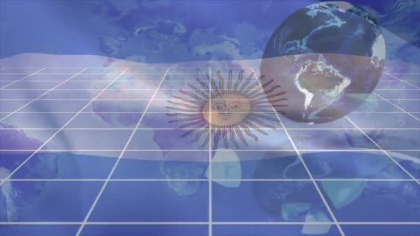 Animering Rörlig Flagga Argentyna Över Databehandling Och Jordglob Globalt Digitalt — Stockvideo