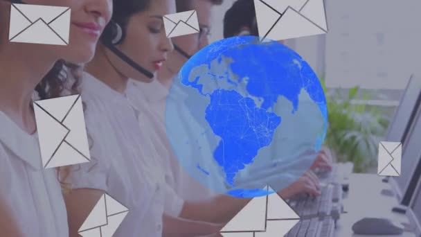Animation Globe Email Icons Business People Wearing Headsets Global Communication — Stock Video