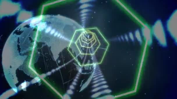Animatie Van Globe Neon Zeshoeken Met Rijen Gloeiende Lichten Netwerk — Stockvideo