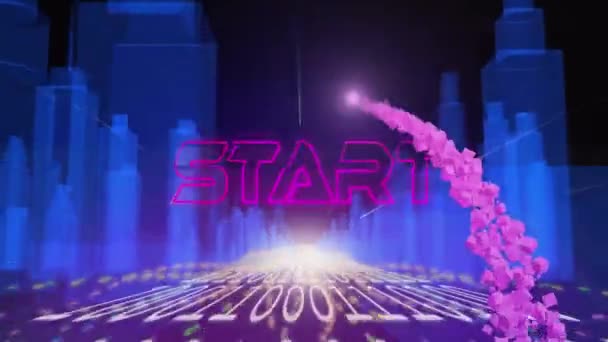 Animace Startovního Textu Kovově Růžovými Písmeny Nad Městskou Krajinou Binárním — Stock video