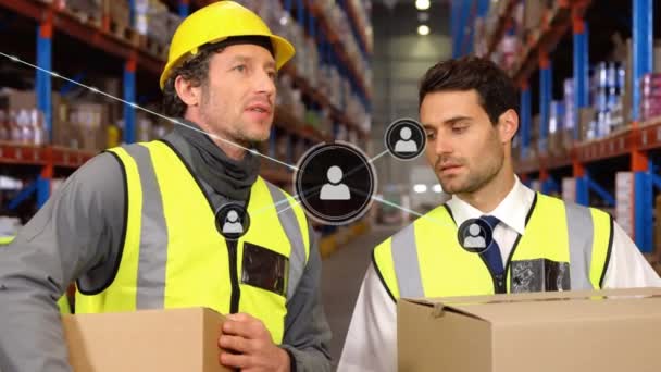 倉庫で働く男性とのつながりのアニメーション 世界的な出荷 デジタルインターフェースの概念デジタル生成されたビデオ — ストック動画