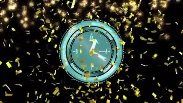 Animation Der Uhr Mit Goldenem Konfetti Und Goldenen Sternen Auf — Stockvideo