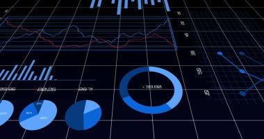 Dijital ekranda numaraları ve işaretleri olan bir ızgara üzerinde istatistik çizgileri, grafikler ve kayıt ve işleme resimleri. Küresel finans ve istatistik kavramı dijital olarak oluşturulmuş görüntü.