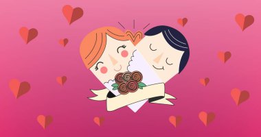 Kırmızı arka planda kalp ikonları üzerinde kucaklaşan çift kompozisyonu. Mutlu aile, sevgi ve destek konsepti dijital olarak oluşturulmuş imaj.